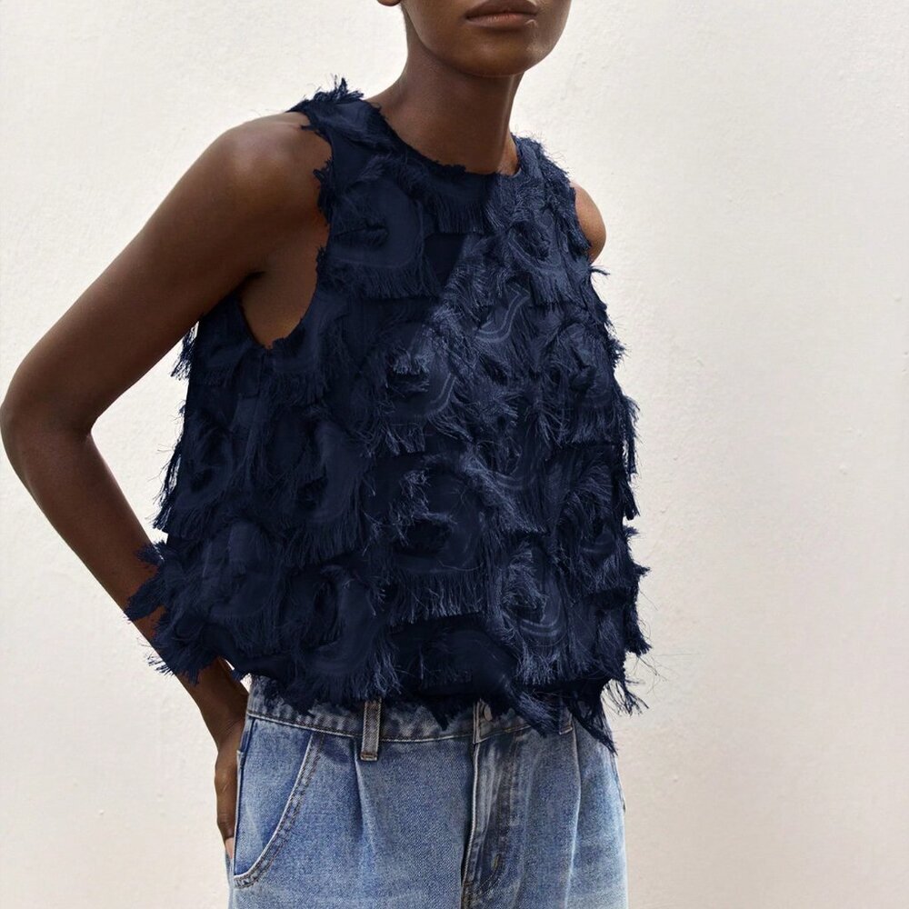 Navy Blue Bohemian Women's Casual Jacquard Camisole Top - Picture 5 of 6